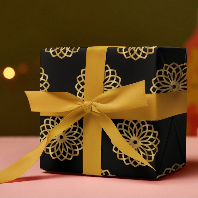 Papel De Presente Chic Elegante Black & Dourado Mandala (Criador carregado)