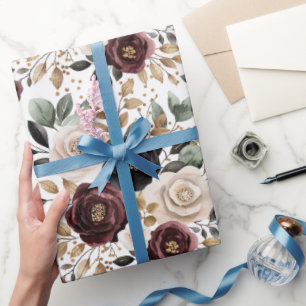 Papel De Presente Chic Festa de Noivado Floral Creme Borgonha