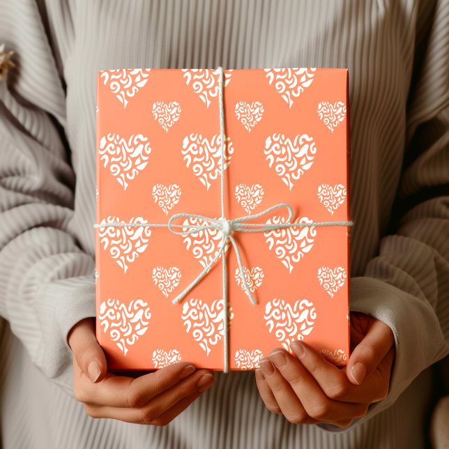 Papel De Presente Chic Leopardo Branco Coração de Guepardo | Salmão  (Criador carregado)