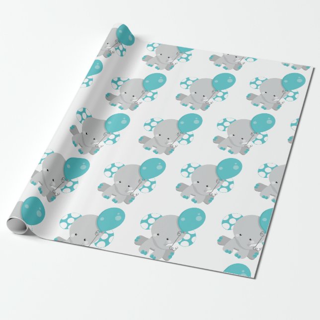 Papel De Presente Chic Madeira Teal Elefante Bebê Neutro (Desenrolado)