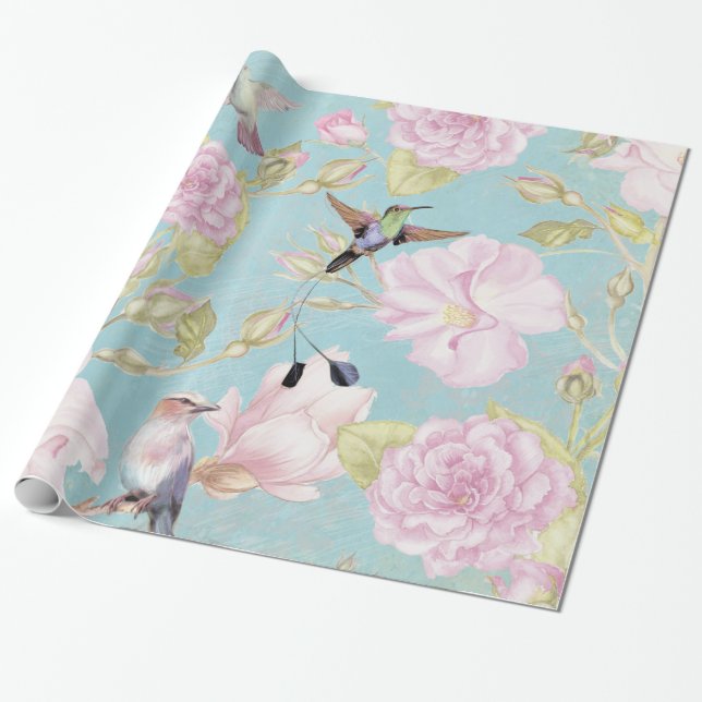 Papel De Presente Chic Pastel Teal Vintage Rosas Hummingbird Padrão (Desenrolado)