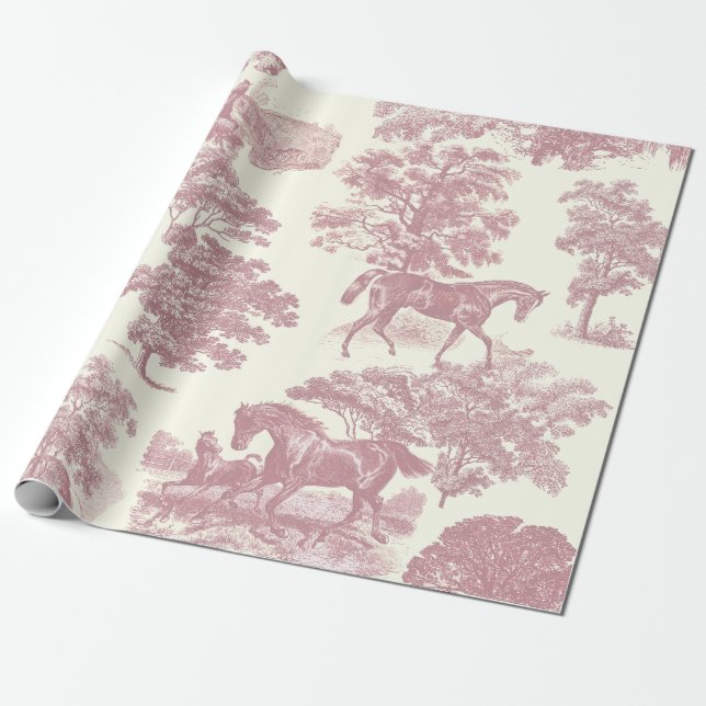 Papel De Presente Chic Pink Horses Clássico Elegante Toile Country (Desenrolado)