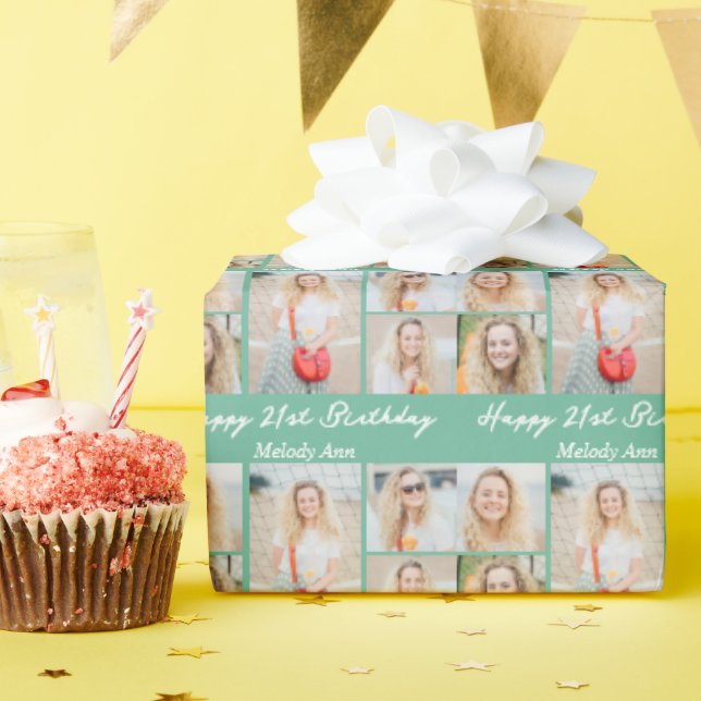 Papel De Presente Chic Seafoam Green Happy Birthday Photo Collage (Festa de aniversário)