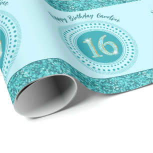 Papel De Presente Chic Sweet 16 Aniversário, Teal Blue Glitter & Str
