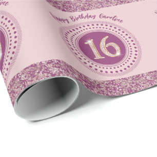 Papel De Presente Chic Sweet 16 Birthday Rosa Dourado Glitter & Stri