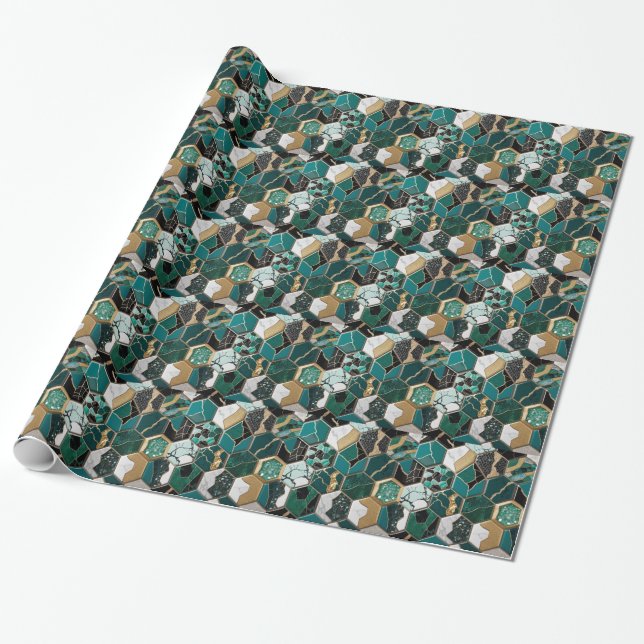 Papel De Presente Chic Teal, Dourado e negro Marble Geométrico (Desenrolado)