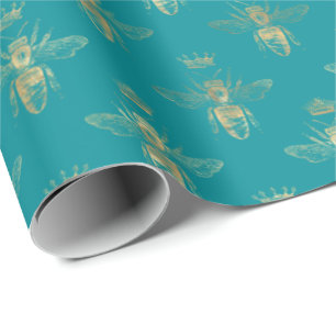 Papel De Presente Chic Teal Dourado Queen Bee Pattern