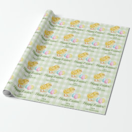 Papel De Presente Chick And Pastel Eggs Happy Easter Green Gingham