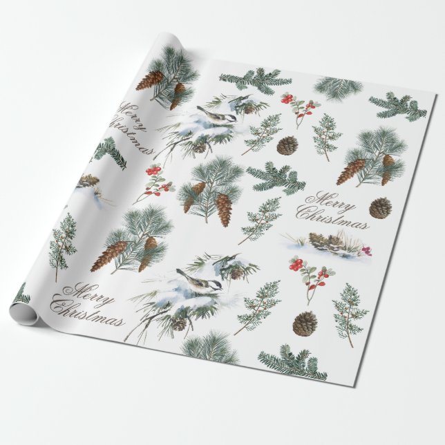 Papel De Presente Chickadee Bird Evergreen Pinecone Feliz Natal (Desenrolado)