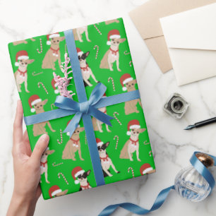 Papel De Presente Chihuahua Santa Hat Candy Cane Natal Verde