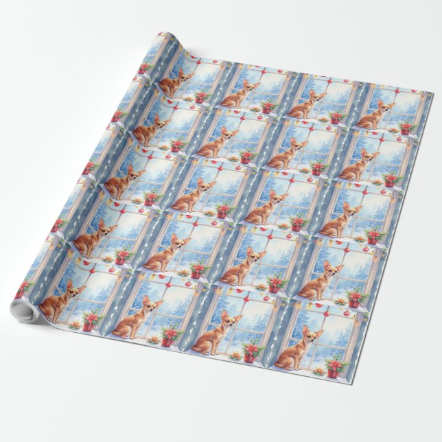 Papel De Presente Chihuahua Snowy Windowsill Holiday Christmas Art (Desenrolado)