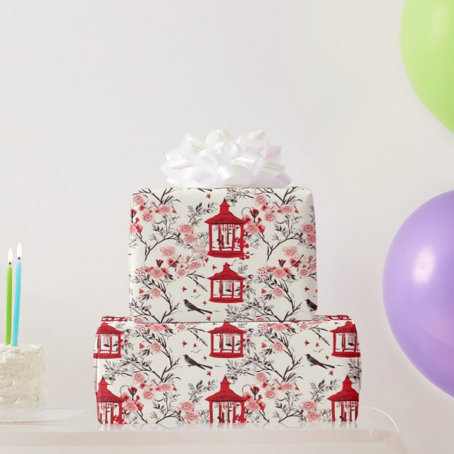 Papel De Presente Chinoiserie Asia Floral Painting Red Decoupage (Presentes para festas)