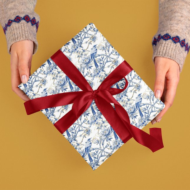 Papel De Presente Chinoiserie Asiática Bird White Blue Floral (Criador carregado)