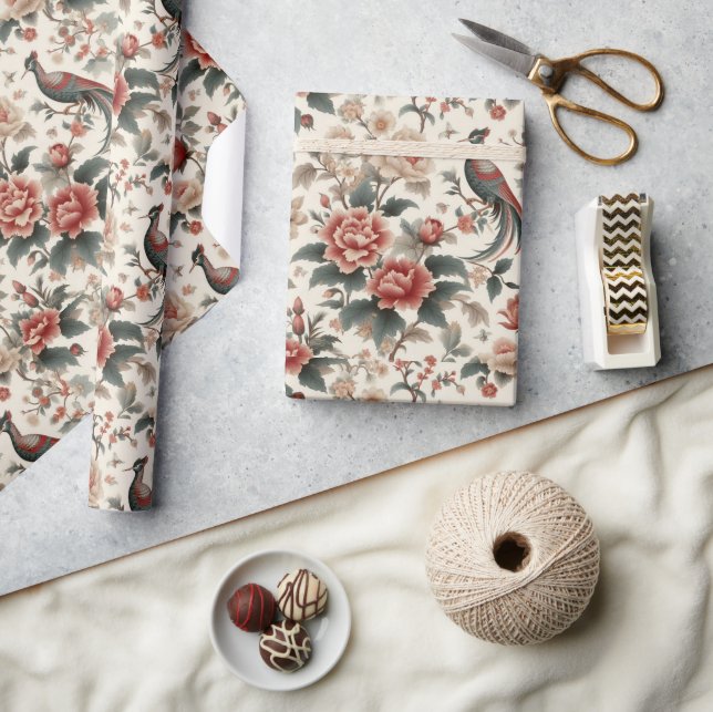 Papel De Presente Chinoiserie Asiática Bird White Red Floral (Artesanato)