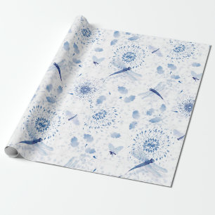 Papel De Presente Chinoiserie Azul Floral Libélula