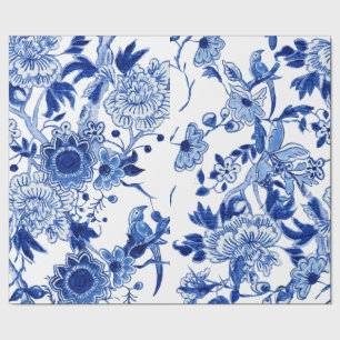 Papel De Presente Chinoiserie Bird Floral Blue Decoupage