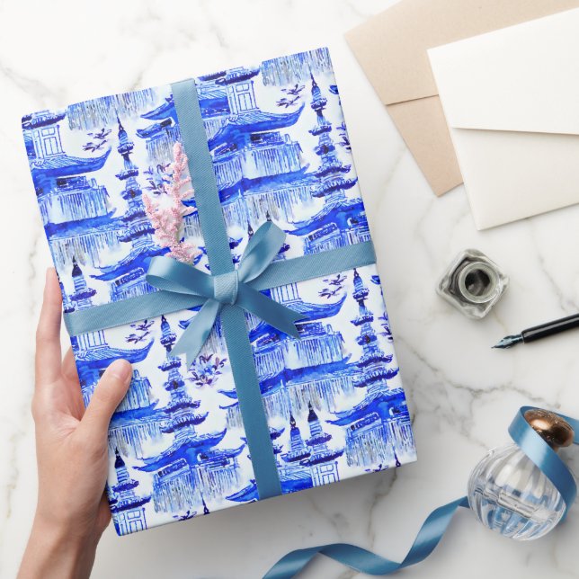 Papel De Presente Chinoiserie Blue da Aquarela (Presentear)