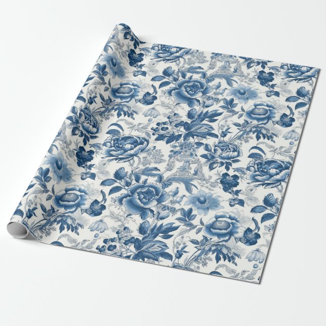 Papel De Presente Chinoiserie Blue Peonies Dissociação Floral (Desenrolado)