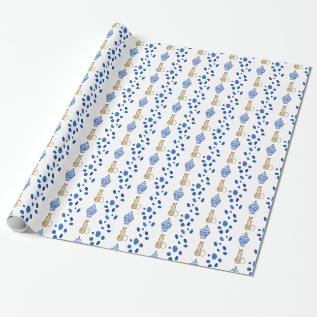 Papel De Presente Chinoiserie Blue & White Cheetah Gift Wrap (Desenrolado)