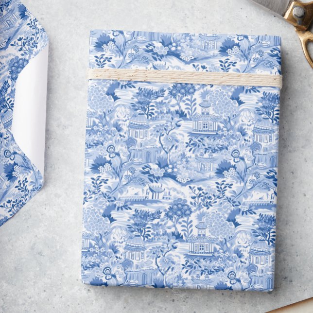 Papel De Presente Chinoiserie Blue & White Pagodas (Criador carregado)