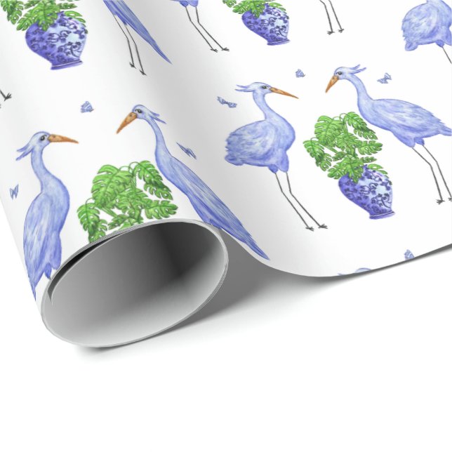 Papel De Presente Chinoiserie Crane e Monstera (Ponta do rolo)
