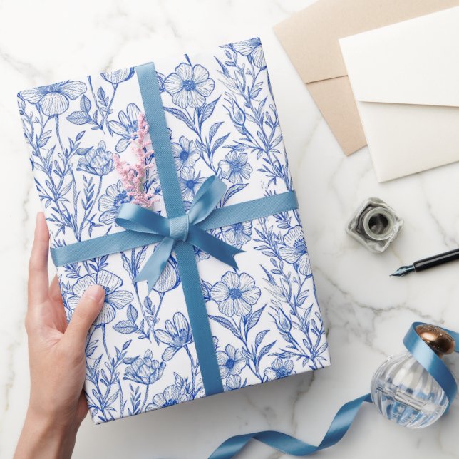 Papel De Presente Chinoiserie de Flor Silvestre Azul e Branco (Presentear)