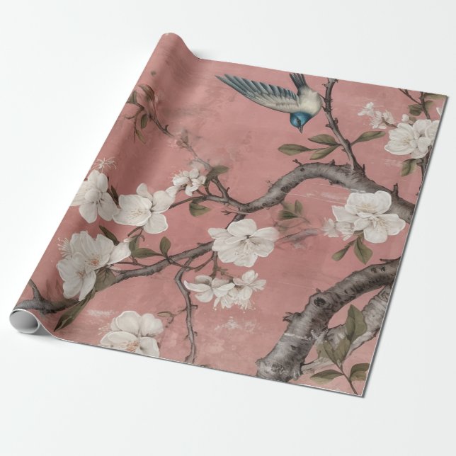 Papel De Presente Chinoiserie Dusty Pink Cerejeira Flor (Desenrolado)
