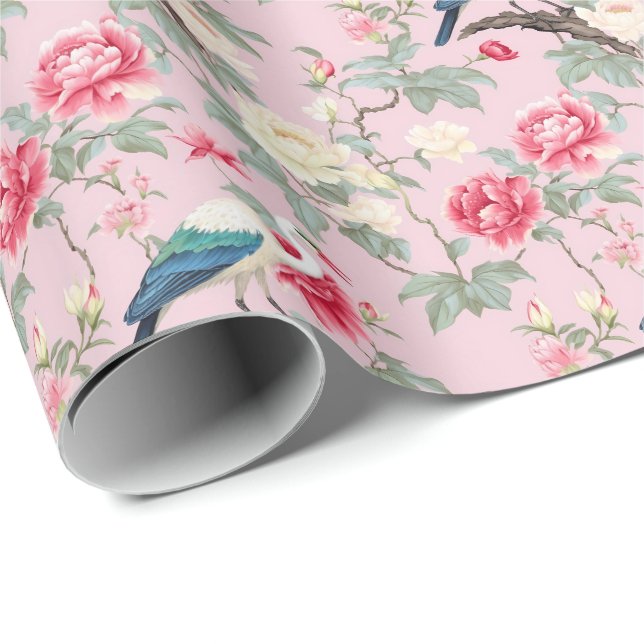 Papel De Presente Chinoiserie Egret Floral Rosa Rosa (Ponta do rolo)