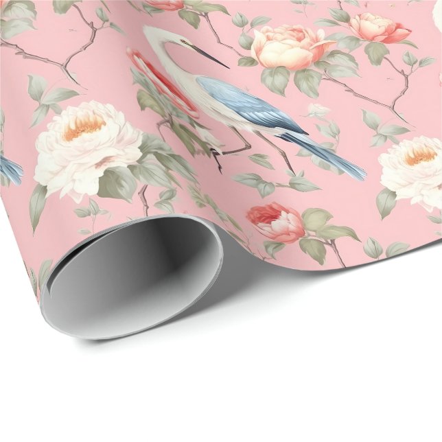 Papel De Presente Chinoiserie Egret Floral Rosa Rosa (Ponta do rolo)