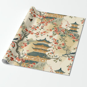 Papel De Presente Chinoiserie Elegante - Pagodes, Flores e Pássaros