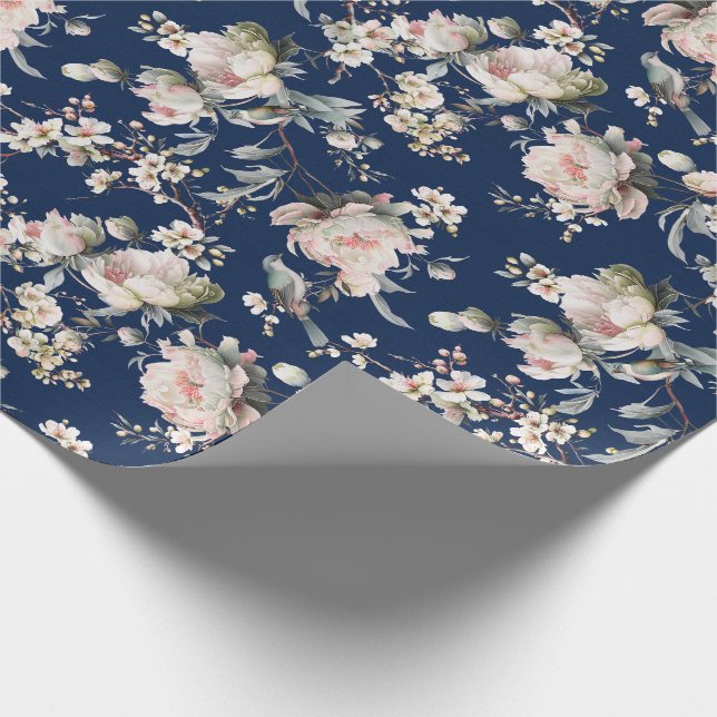 Papel De Presente Chinoiserie Flor de Nascimento e Pássaro Azul-Navy (Ponta)
