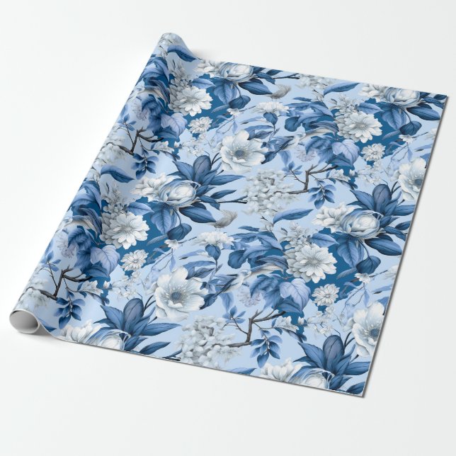 Papel De Presente Chinoiserie Floral Blue Pintura Branca (Desenrolado)