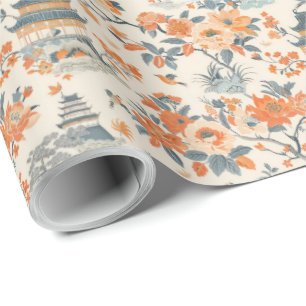 Papel De Presente Chinoiserie Floral Casa Laranja Creme