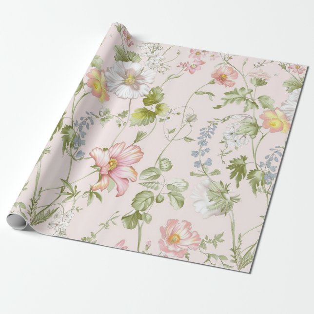 Papel De Presente Chinoiserie Floral Rosa (Desenrolado)