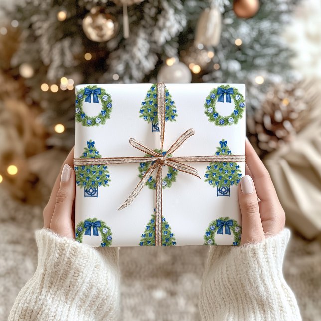 Papel De Presente Chinoiserie Natal Azul e Branco (Chinoiserie Christmas Tree and Wreath Gift Wrapping Paper)