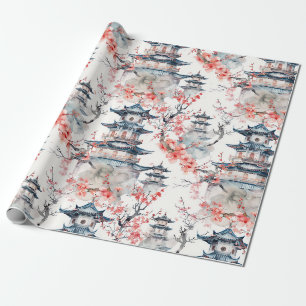 Papel De Presente Chinoiserie Pagode Azul Floral Rosa Flor