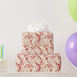 Papel De Presente Chinoiserie Pássaro Asiático Vermelho Cor-de-Rosa