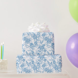 Papel De Presente Chinoiserie Rosa Azul Vintage Flor Pássaro
