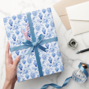 Papel De Presente Chinoiserie Toile Blue & White Vases Florais