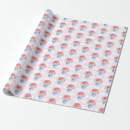 Papel De Presente Chinoisserie Floral Azul-Gingham Rosa