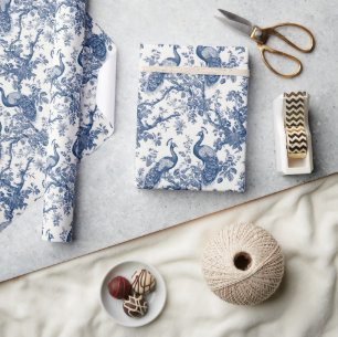 Papel De Presente Chinoseriado de pavão branco e azul-aquarela da Ch