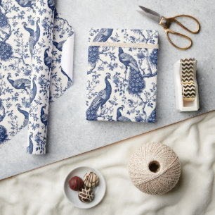 Papel De Presente Chinoseriado de pavão branco e azul-aquarela da Ch