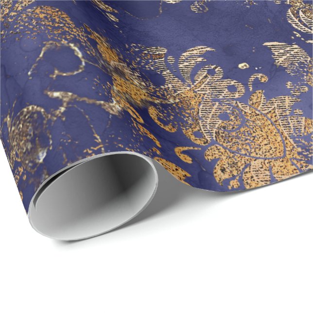 Papel De Presente Chique azul Dourado Floral, quente e quente (Ponta do rolo)