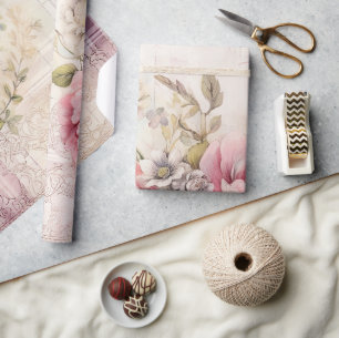 Papel De Presente Chique Cor-de-rosa Rosa Palácio de Natal Floral
