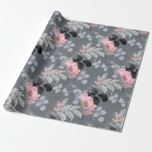 Papel De Presente Chique Elegante Floral Rosa Cinza Vitoriano Vintag