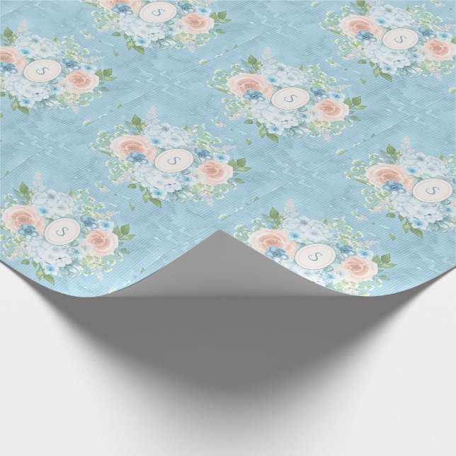 Papel De Presente Chique Floral Russo Azul Rosa Monograma (Ponta)