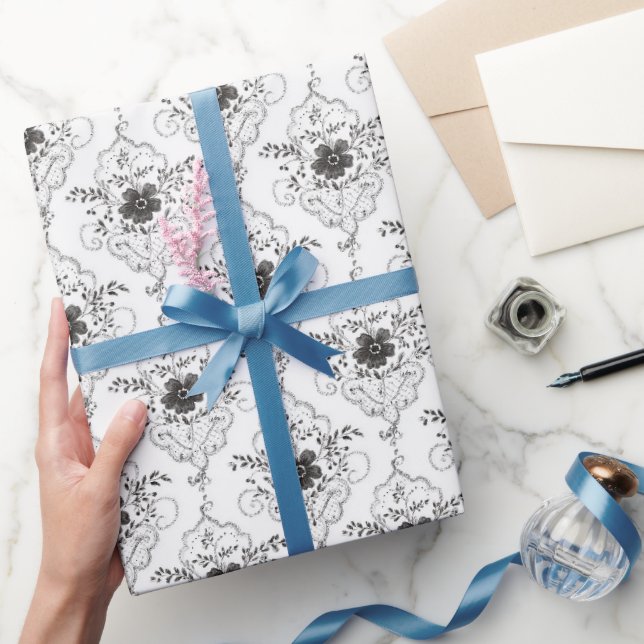 Papel De Presente Chique Flores de Renda Falsa Preta e Branca para C (Presentear)