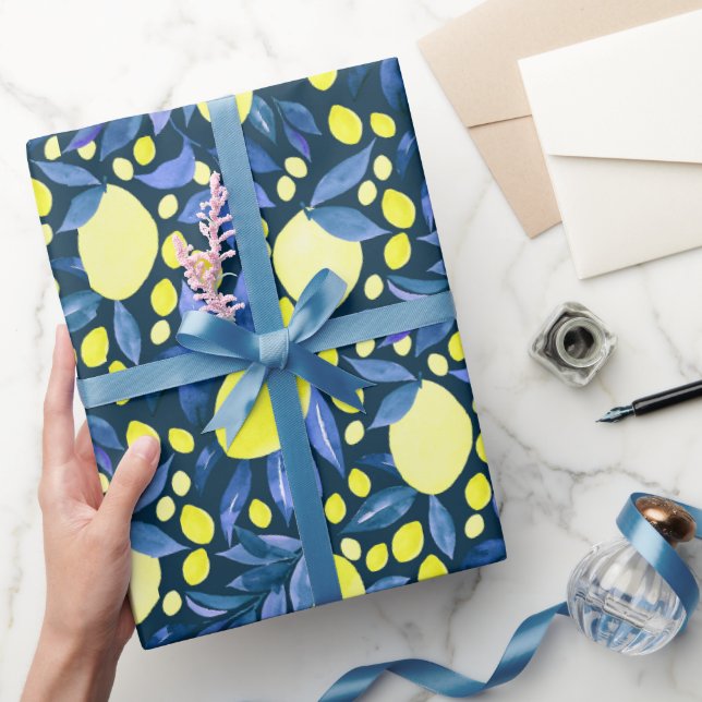 Papel De Presente Chique Mediterrâneo Rústico Limões Folha Azul (Presentear)