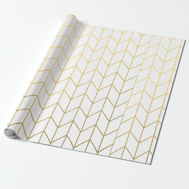 Papel De Presente Chique moderno do fundo branco Dourado de Chevron (Desenrolado)
