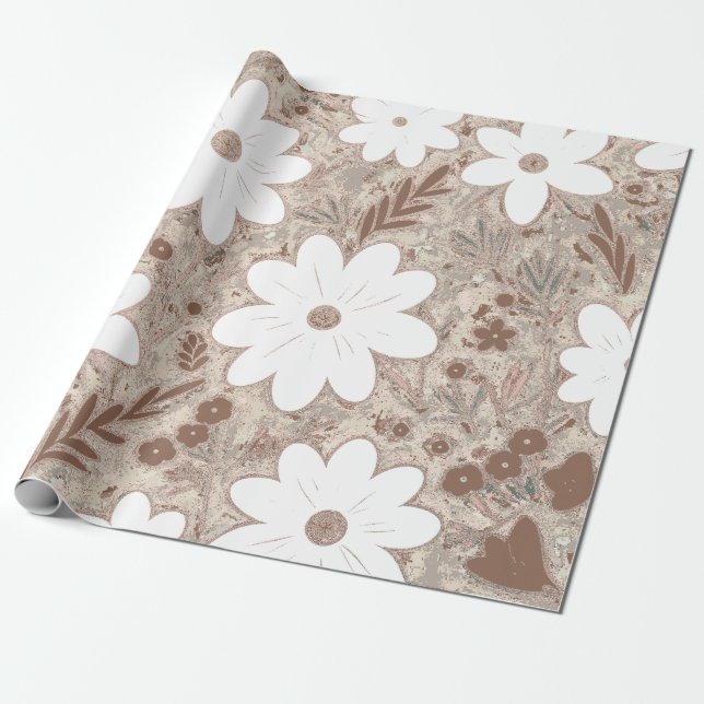 Papel De Presente Chique Natural Tan Retro Daisy Padrão (Desenrolado)